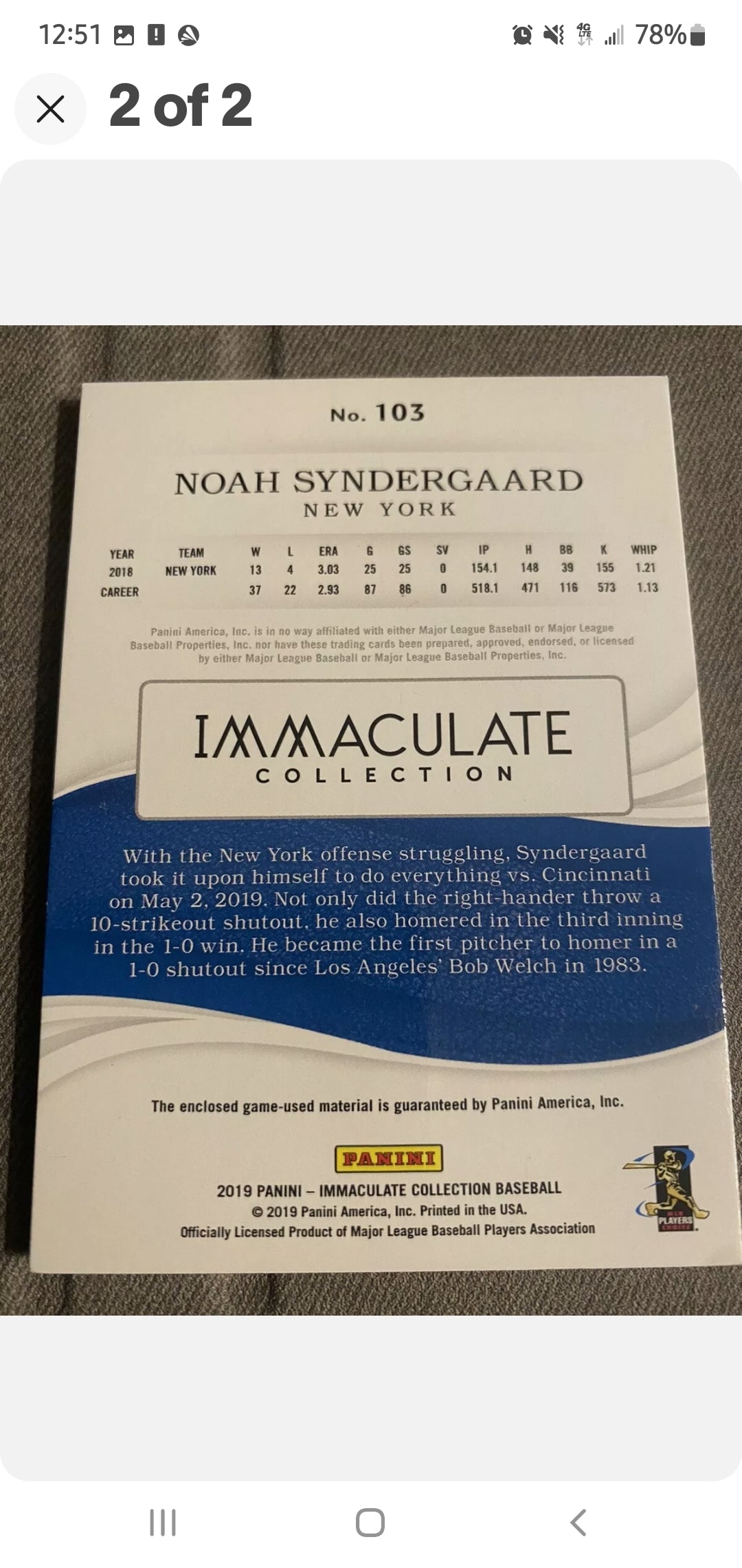 Panini Immaculate Noah Syndergaard Relic